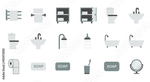 Bathroom Fixtures and Accessories: Toilet Sink Shower Bathtub Mirror and Storage.