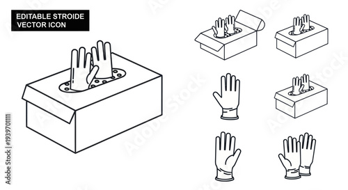 Disposable Gloves in a Tissue Box Vector Icon Set.