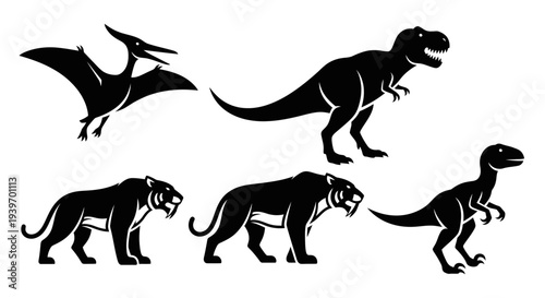 Prehistoric Animal Silhouettes Set: Dinosaurs and Extinct Mammals Vector Illustration