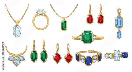 A comprehensive collection of gold jewelry, featuring necklaces, rings, earrings, and bracelets with colorful gemstones, is displayed.