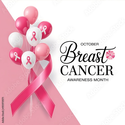 Breast cancer awareness month pink ribbon and balloons graphic
