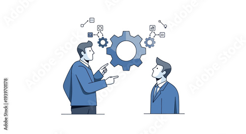 Two businessmen discussing a large central gear and mechanical connections.