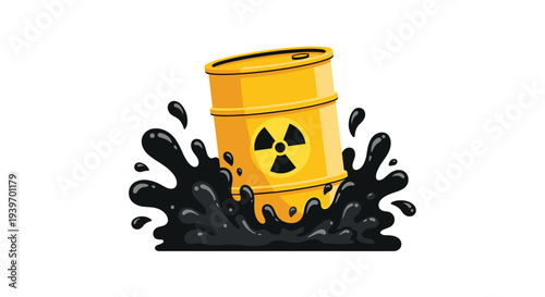 A yellow industrial barrel marked with a radiation hazard symbol is dramatically splashing in a pool of thick black liquid.