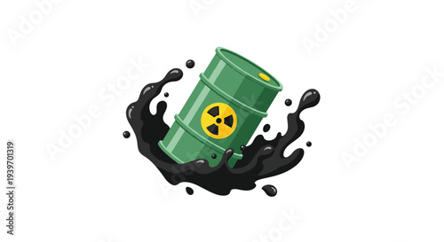 A green industrial barrel with a radiation hazard symbol is depicted splashing vigorously in a pool of dark black liquid.