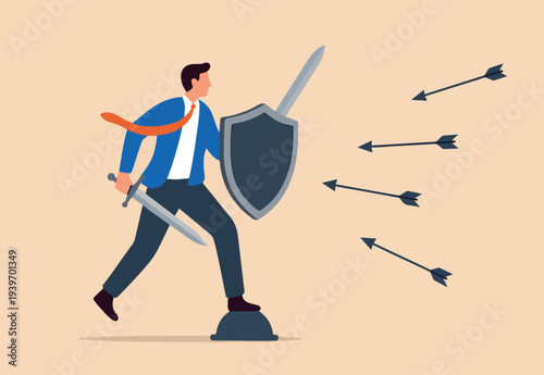 Shield protection from threats, security attack or business risk, insurance or safety guard to protect from threatening concept, strong businessman with armor and shield to protect from bow arrows.