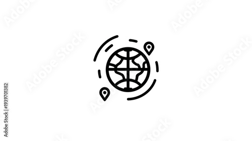 Global network location icon. World map with GPS pins, international connectivity, travel, and worldwide navigation line art vector illustration.
