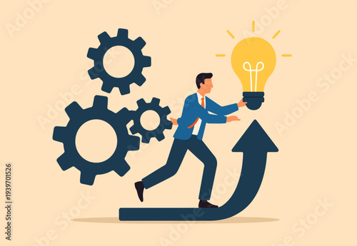 Project initiation or project management, research or implement business idea to see result, effort to develop idea and business goal concept, businessman turn cog wheels to light up lightbulb idea