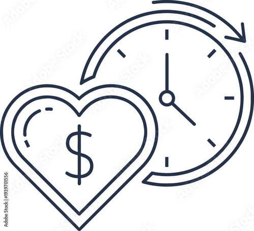 Time value of money concept icon, financial planning investment growth with clock and dollar heart symbol vector illustration