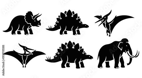 Prehistoric Animal Silhouettes Set: Dinosaurs and Mammoth Icons