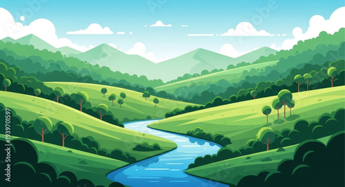 Serene Landscape with Rolling Green Hills and Flowing River.