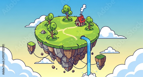Floating Island with Trees Waterfall and Volcano.