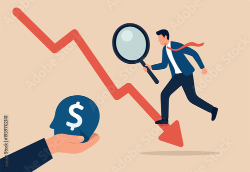 Stock market or Cryptocurrency decline, down turn or economic recession, market plunge signal, inflation or interest rate falling down concept, businessman analyst with magnifier on arrow turn down.