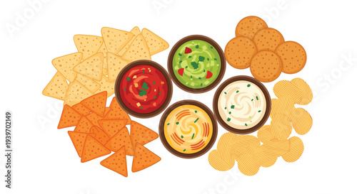 An appealing arrangement of golden tortilla chips, round crackers, ruffled potato chips, and four bowls of dips is presented on a clean white background.