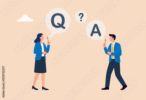 FAQ, frequently asked questions, discussion or questions and answers to get solution on any problems concept, smart businessman and businesswoman blow flying bubbles with Q and A, question mark sign.