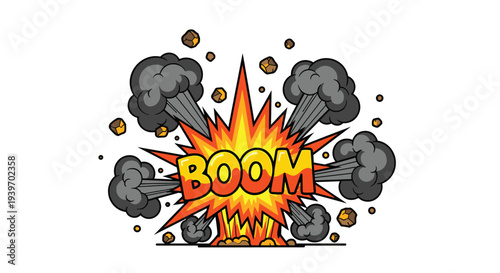 A stylized cartoon explosion with fiery orange and yellow starbursts and grey smoke clouds bursts centrally on a stark white background.