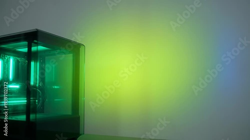 Intricate detail of gaming computer system with vivid green LED lighting effects