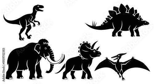 Prehistoric Animal Silhouettes Set: Dinosaurs, Mammoth, and Pterodactyl Vector Icons