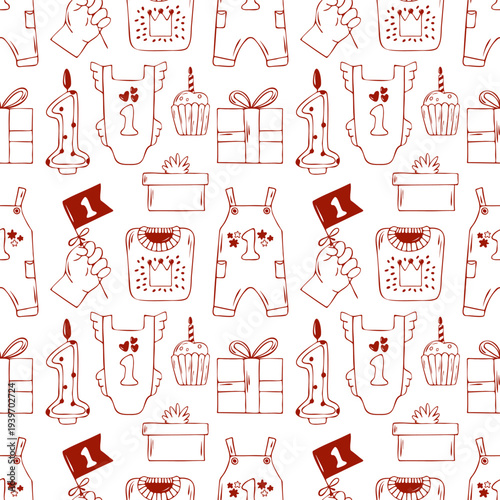 Seamless pattern with first birthday elements of baby rompers, gifts, candles, cupcakes. Terracotta line hand drawn minimalist vector background on white for design, wrapping paper, party decor, print