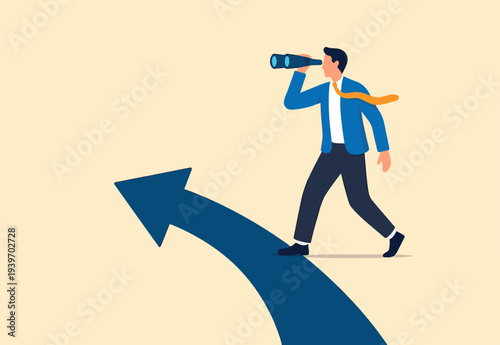 Search for right direction, business opportunity or success way, make decision or career path, vision to see future concept, smart businessman look through spyglass or binoculars to discover solution.