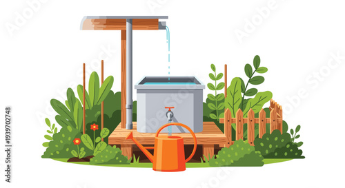 A rustic water collection system features a grey rectangular basin receiving a thin stream of water, situated on a wooden platform with an orange watering can, surrounded by lush green foliage.