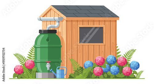 A rustic wooden garden shed with a dark roof and a green rain barrel is nestled among colorful hydrangeas and ferns on a white backdrop.