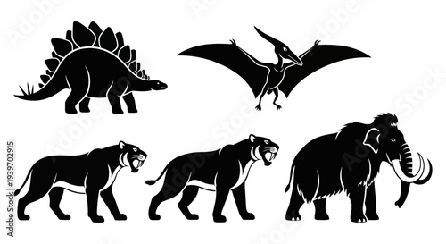 Prehistoric Animals Silhouettes Collection: Dinosaur, Mammoth, Saber-toothed Tiger, Pterodactyl
