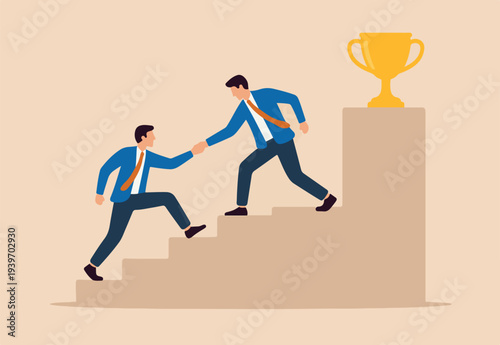 Manager support mentor or guidance help to reach success, consultant, assistance expert to help achieve business goal concept, businessman manager help employee to climb up to reach success trophy.