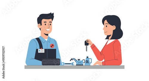 A smiling mechanic in uniform holds a tire, interacting with a woman in a red jacket holding car keys at a service counter.
