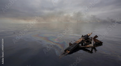 A wide shot of calm sea water with a shimmering iridescent oil slick spreading across the surface, a piece of charred debris floating in the foreground