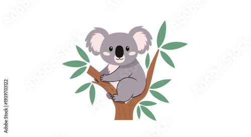 Friendly grey koala character with pink cheeks climbing a brown tree branch with green eucalyptus leaves in the background.