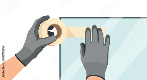 Two gloved hands meticulously apply a strip of beige masking tape from a roll onto a clear glass surface.