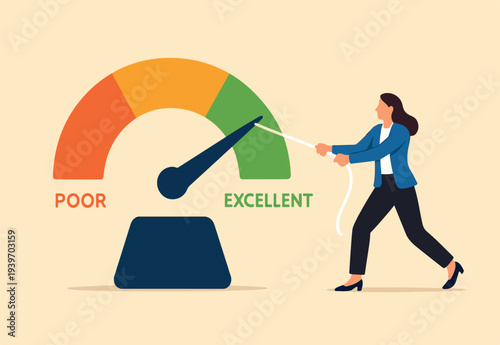 Performance rating or customer feedback, credit score or satisfaction measurement, quality control or improvement concept, strong businesswoman pull the string to make rating gauge to be excellent