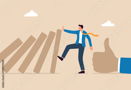 Crisis management, leadership to manage disaster situation, challenge to overcome difficulty in economic crisis concept, his hand to stop domino fall and foot to stop others