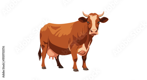 Realistic vector illustration of a brown and white dairy cow standing in profile view against a clean white background for design.