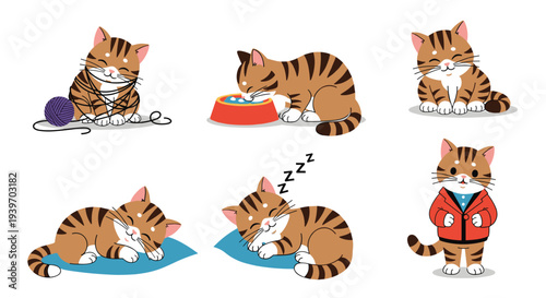 Collection of cute ginger kitten illustrations showing a small cat playing with yarn eating sleeping and wearing a red jacket.