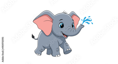Happy baby elephant cartoon character walking forward while joyfully spraying water from its trunk in a playful wildlife scene.