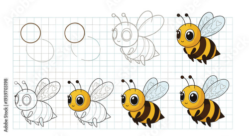 Educational step by step drawing tutorial showing how to create a cute cartoon bumblebee on a blue grid background for beginners.