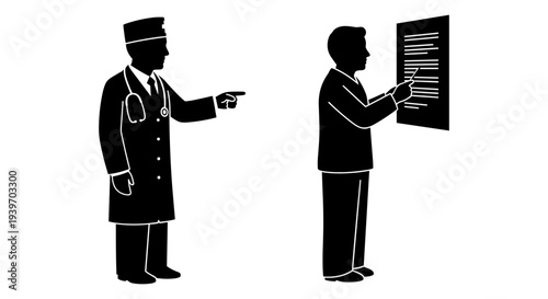 Doctor and Patient Silhouettes Pointing Vector Illustration Set for Medical Information, Healthcare Communication, and Business Presentations