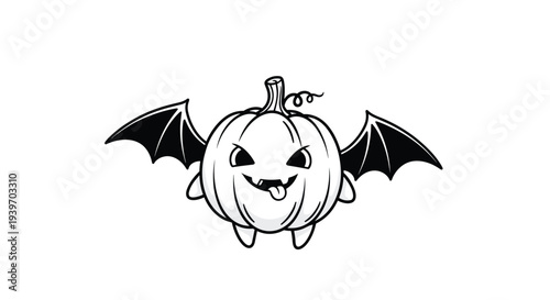 Funny black and white line drawing of a round pumpkin monster with bat wings and its tongue sticking out in a playful manner.