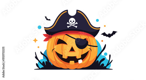 Spooky Halloween pumpkin jack o lantern wearing a black pirate hat with a skull emblem and a matching eye patch for the holiday.