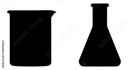 Black silhouette vector icons of a laboratory beaker and an Erlenmeyer flask, essential for science, chemistry, and education designs.
