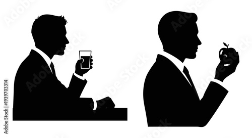 Two black silhouette vector illustrations of a man in a suit, one drinking from a glass and the other holding an apple, depicting choices or healthy lifestyle concepts.