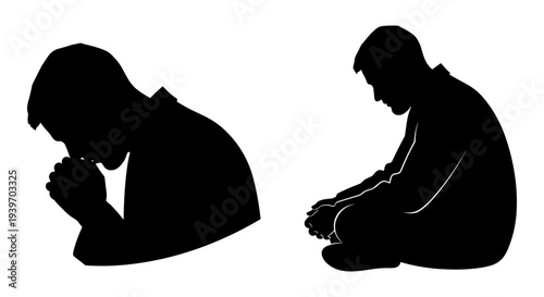 Set of 2 black silhouette vector illustrations depicting a man in a pensive, sad, or praying posture, one kneeling and one sitting, isolated on a white background, ideal for concepts of grief