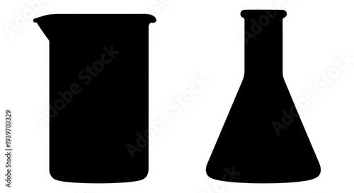 Black silhouette vector icons of a laboratory beaker and an Erlenmeyer flask, essential scientific glassware for chemistry experiments and research designs