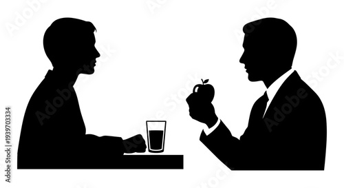 Two black silhouette male figures in profile, one holding an apple and the other seated at a table with a glass of water, representing a health or nutrition discussion vector.