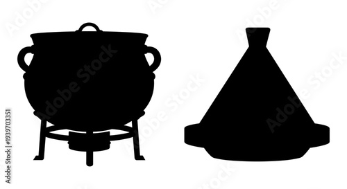 Black Silhouette Vector Icons of a Fondue Pot with Stand and a Traditional Tagine Pot, Ideal for Restaurant Menus, Cooking Blogs, or Culinary Event Graphics