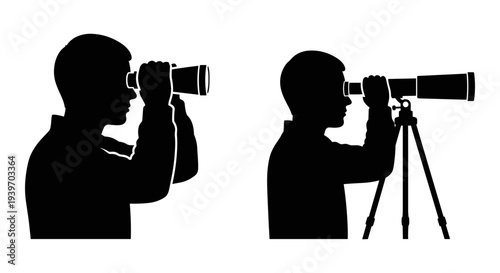 Set of 2 black silhouette vector illustrations depicting a person looking through binoculars and a telescope on a tripod, isolated on a white background, ideal for search, discovery