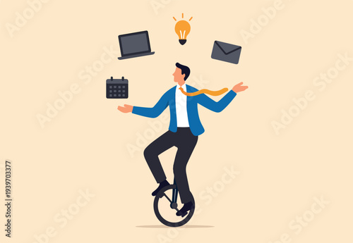 Productive master, productivity and project management skill, multitasking work and time management concept, skillful businessman riding unicycle juggling elements, laptop, calendar, ideas and emails.