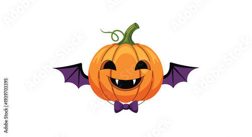 Festive Halloween pumpkin jack o lantern featuring purple bat wings and a matching purple bow tie on a plain white background.