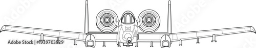 A-10 Thunderbolt II Fairchild Republic Ground Attack Aircraft Cross Section Wingspan Top View Stroke Silhouette Outline Vector